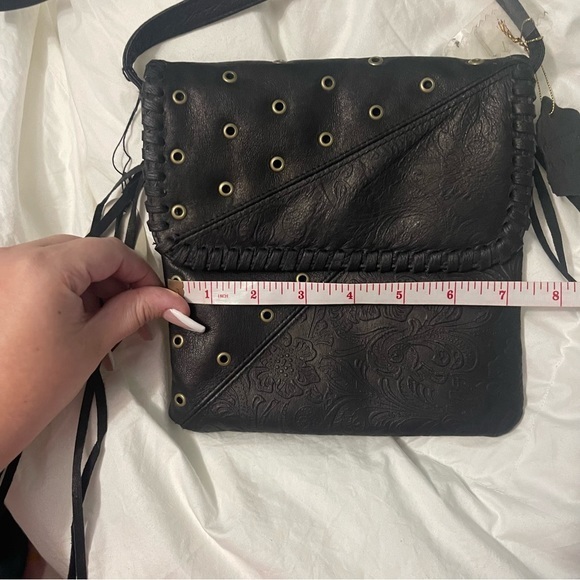 NWT Black Genuine Leather Studded Fringe Crossbody Bag - Picture 7 of 8
